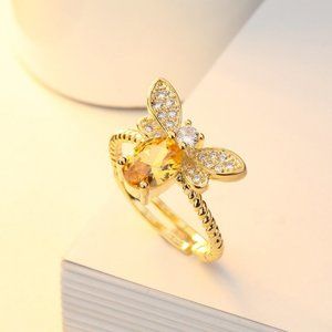 NEW 18K Gold Citrine Diamond Bee Adjustable Ring